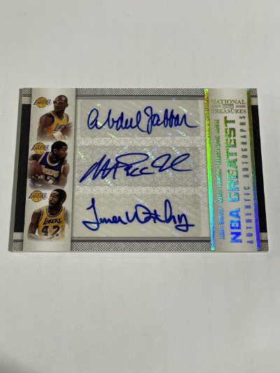 2010 National Treasures Kareem Abdul Jabbar / Magic Johnson / James Worthy Triple Auto 5/5