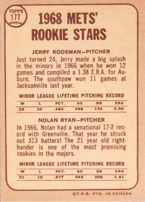 1968 O-Pee-Chee Rookie Stars Jerry Koosman/Nolan Ryan #177 - $13,200