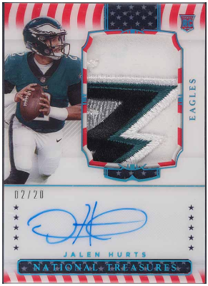 2020 National Treasures S & S Jalen Hurts Rookie Patch Auto JSY /20 #161 - $21,600