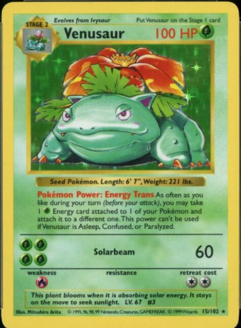 1999 Base Set Shadowless Venusaur #15- $3,600