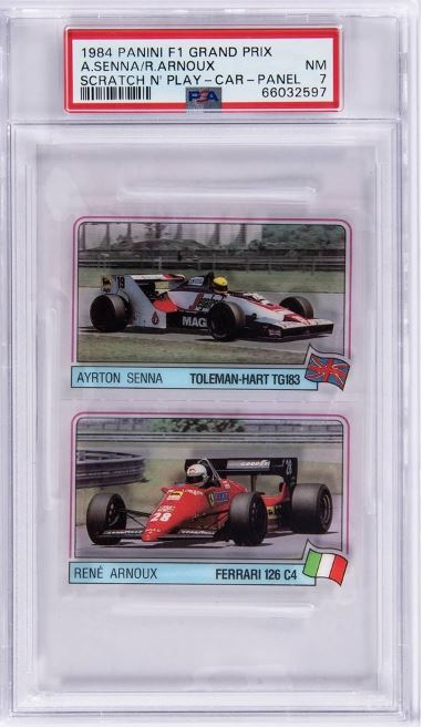 1984 Panini F1 Grand Prix Scratch N' Play Car Panel Ayrton Senna/Rene Arnoux Rookie Card