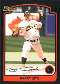 Barry Zito player worn jersey patch baseball card (Oakland Athletics) 2002  Upper Deck Ovation Diamond Futures #DFBZ