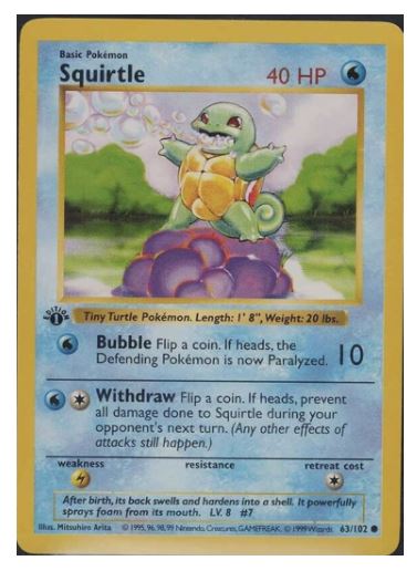 1999 Pokemon Base Set 1st Edition Squirtle #63 - $4,550