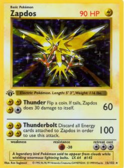 1999 Pokémon Base Set 1st Edition Zapdos #16 - $9,999