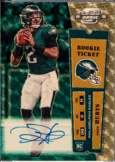 2020 Panini Contenders Optic '00 Contenders Throwback Rookie Autographs Gold Vinyl #2000-Jhu Jalen Hurts Signed Rookie Card 1/1 – $15,600