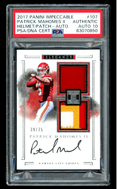 2017 Panini Impeccable Patrick Mahomes Rookie Card Autograph Patch/Helmet #107 /75