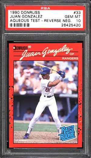 1990 Donruss Aqueous Test Juan Gonzalez Rookie Card PSA 10