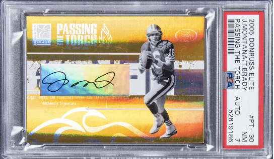 2005 Donruss Elite Passing The Torch Joe Montana Tom Brady /50